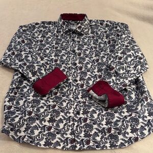 Men's Patterned Dress Shirt with Burgundy Accents